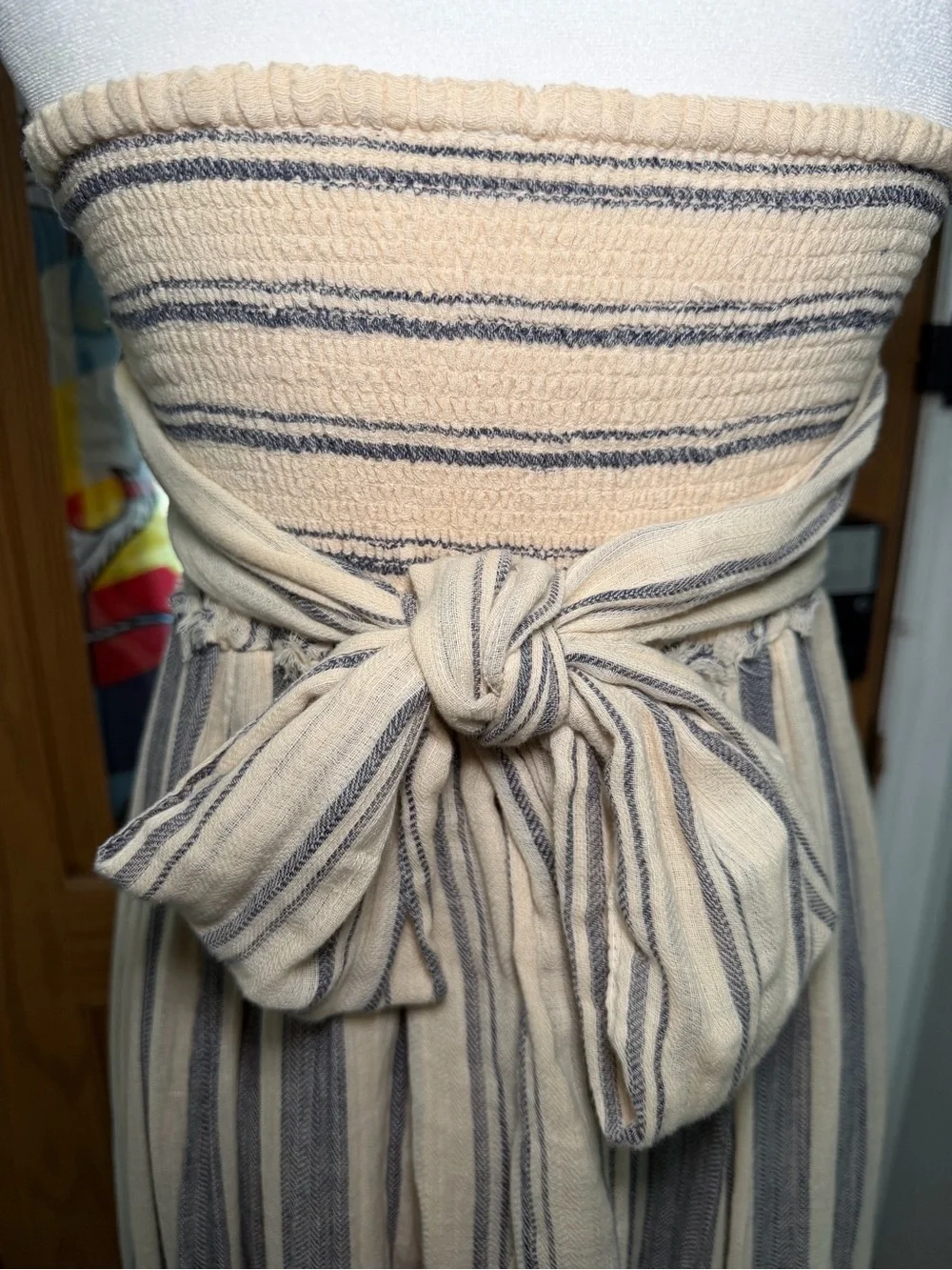 Free People Striped Strapless Maxi Dress Tie Waist Boho Coastal Size M